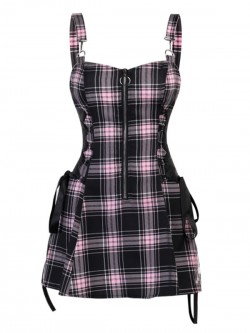 Gothic Plaid Lace Up Half Zipper Dress A-Line Mini