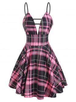 Vintage Casual Women Plus Size Plaid Plunge Front Ladder Cut Mini Dress