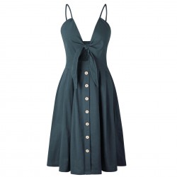Darkgreen Spaghetti Strap Buttons Casual Dress Bow Backless