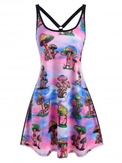 Casual Sleeveless Summer Dress Women Mushroom Print Strappy O Ring Tank