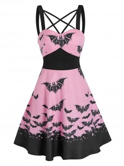 Halloween Women Gothic Front Strappy Bat Print High Waist Mini Cami Dress