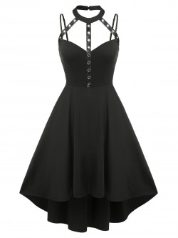 Gothic Plus Size Women 5XL Harness Cutout High Low Black Punk Dress