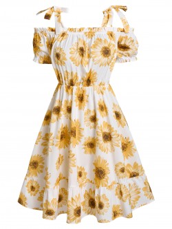 Casual Boho Women Cold Shoulder Self Tie Sunflower Print Dress Square Neck