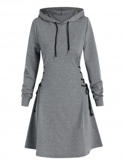 Casual Women Long Sleeve Autumn Dress Drawstring Lace Up Mini Hoodie Dress