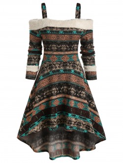 Vintage Elegant Gothic Women Aesthetic Cold Shoulder Tribal Print High Low Dress