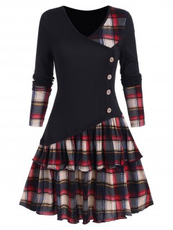 Vintage Goth Mini Dress Women Plaid Colorblock Button Asymmetric Layered Dress