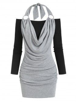 Halter Cowl Front O Ring Colorblock Mini Dress Casual Women Bodycon Dress