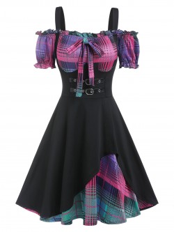 Women Plaid Faux Twinset Open Shoulder Dress Casual Short Sleeves Gothic Vintage Mini Dress