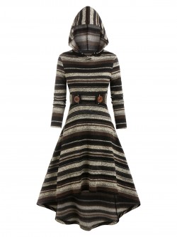 Hooded Striped High Low Midi Dress Maxi Dress Women New Fashion