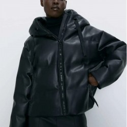 Women's Winter Hooded Zipper Leather Cotton Coat Casual Simple Solid Parker Jacket