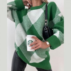 Women Sweater Oversized Knitted Casual Long Sleeve O Neck Argyle Sweaters