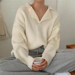 Women's Knitted Jumpers Casual Chic Loose Turn-Down Collar Full Sleeve Sweaters