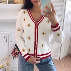 Cardigan Knitted Women's Bee Embroidered Long Sleeve Sweater