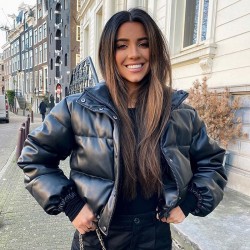 Winter Women's Jacket Thick Warm Short Parka Black Pu Leather Coats