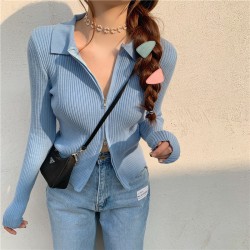 Double Zipper Autumn Short Sweater Knitted Cardigan