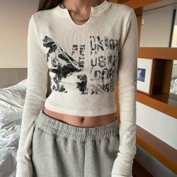 Women Knitted Crop Top Vintage Aesthetic Letter Printed Long Sleeve T-Shirts