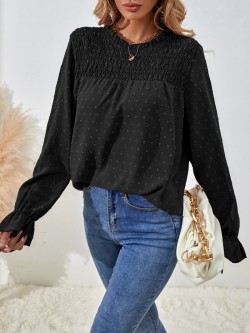 Swiss Dot Shirred Flounce Sleeve Blouse