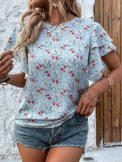  Ditsy Floral Butterfly Sleeve Blouse 