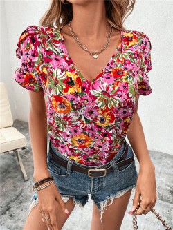  Floral Print Petal Sleeve Blouse 