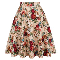 Cotton High Waist Pleated Black Ethnic Flower Midi Skirts