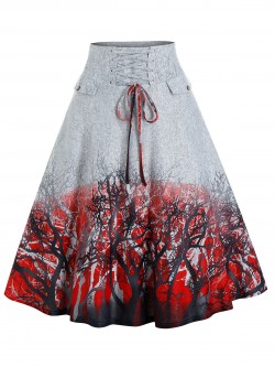A-Line Tree Print Lace-Up Front High Waist Skirt