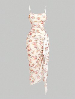 Women's Elegant Floral Print Pleated Ruffle Asymmetrical Hem Cami Dress