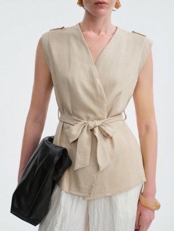 Casual Minimalist Commuter Style Women's Khaki Shoulder Button Decor Wrap V-Neck Tie-Up Camisole Top, Spring/Summer