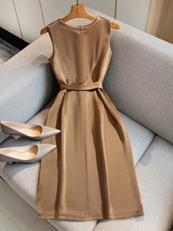 Summer Solid Color Round Neck Sleeveless Back-Zipper Dress Swimsuit