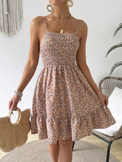 Women's Summer Holiday Ditsy Floral Shirred Cami Casual Dress With Ruffle Hem