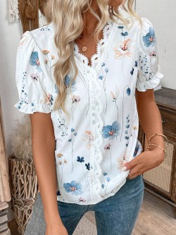 Vacation Leisure Floral Print Contrast Lace Puff Sleeve Shirt,Short Sleeve Tops